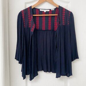 After Market - Navy Crepe Blouse with Red Floral Embroidery